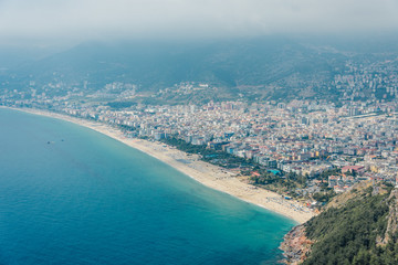 View of the beach Cleopatra. Alanya, Turkey.Wonderful country.At home from a height. Roofs of buildings.View of the city.Observation deck.Mediterranean sea.