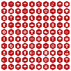 100 mushrooms icons set in red hexagon isolated vector illustration