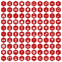100 music icons set in red hexagon isolated vector illustration