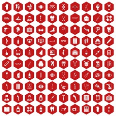 Fototapeta na wymiar 100 pharmacy icons set in red hexagon isolated vector illustration