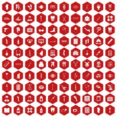 100 pharmacy icons set in red hexagon isolated vector illustration