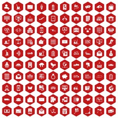 100 postal service icons set in red hexagon isolated vector illustration