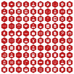 100 reader icons set in red hexagon isolated vector illustration