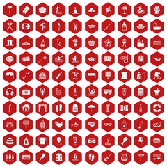 100 recreation icons set in red hexagon isolated vector illustration