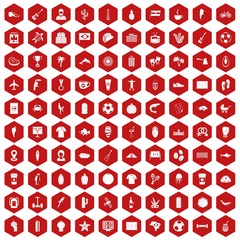 100 South America icons set in red hexagon isolated vector illustration