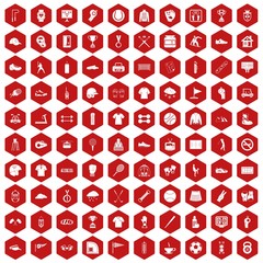 100 sport club icons set in red hexagon isolated vector illustration