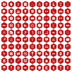 100 sport equipment icons set in red hexagon isolated vector illustration