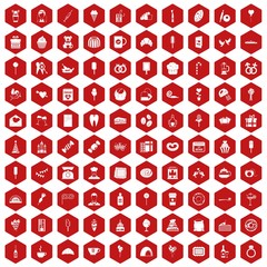 100 sweets icons set in red hexagon isolated vector illustration