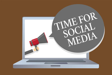 Text sign showing Time For Social Media. Conceptual photo meeting new friends discussing topics news and movies Laptop desktop speaker alarming warning sound announcements indication idea.