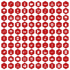 100 water supply icons set in red hexagon isolated vector illustration