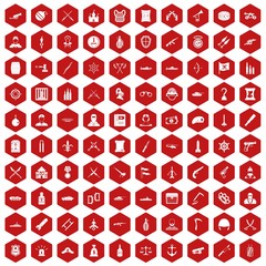 100 weapons icons set in red hexagon isolated vector illustration