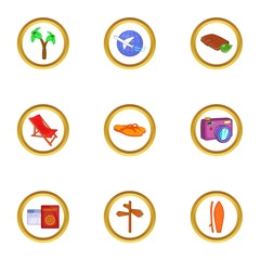 Travel to warm country icons set. Cartoon set of 9 travel to warm country vector icons for web isolated on white background