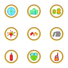 Paintball accessories icons set. Cartoon set of 9 paintball accessories vector icons for web isolated on white background