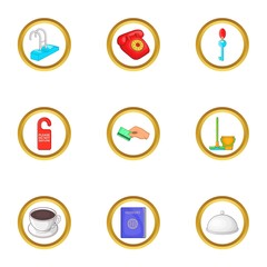 Hotel cleaning service icons set. Cartoon set of 9 hotel cleaning service vector icons for web isolated on white background