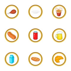 Tasty food icons set. Cartoon set of 9 tasty food vector icons for web isolated on white background