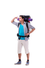 Backpacker with large backpack isolated on white