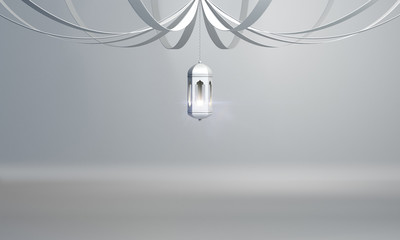 white arabic hanging lantern with ribbon on white background. Design creative concept of islamic celebration day ramadan kareem or eid fitr adha. 3d rendering illustration.