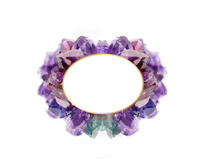 Amethyst frame isolated on white background, elegant and luxury natural gemstone on different colorful shades with golden border inside and clear space for your text.