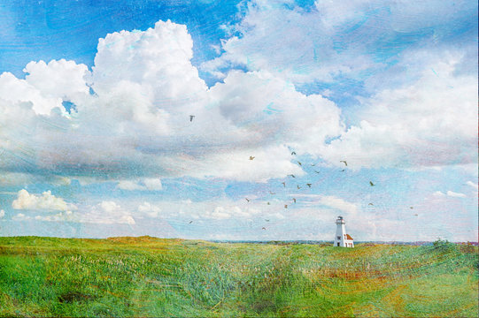 Lighthouse in French River, Prince Edward Island, Canada.  With painterly texture effect