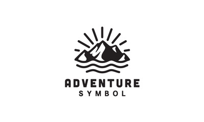 Mountain, Sea Ocean Wave and Sun for Vintage Adventure Outdoor Traveling Label Stamp logo design 