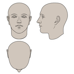Hand drawn androgynous, gender-neutral human head in face, profile and top views. Colorable flat vector isolated on white background. The drawings can be used independently of each other.