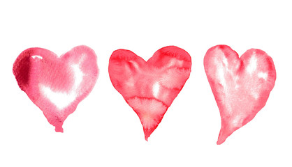 Three red hearts on white, watercolor hand painted, lovely art