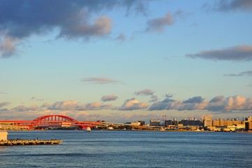 The cityscape of harbor at sunset in Kobe, Japan 