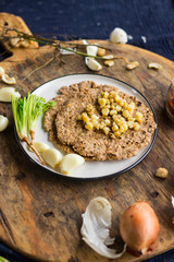 Hot homemade flat breads of whole wheat flour with corn. Vegan vegetarian organic food an paleo diet. Healthy lunch and dinner