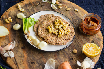 Hot homemade flat breads of whole wheat flour with corn. Vegan vegetarian organic food an paleo diet. Healthy lunch and dinner