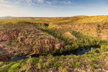 Oblique aerial view of Bell Gorge and Waterfall in the King Leopold Conservation Park, Kimberley,...