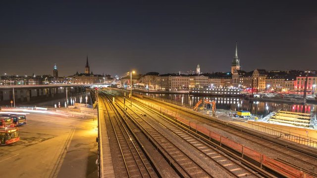 Stockholm city skyline day to night time lapse of Slussen, Stockholm Sweden 4K Time Lapse