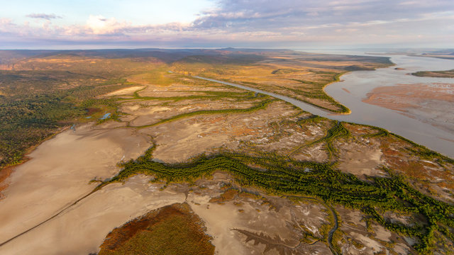 Aerial view of the mouth and wetlands of the Isdell River. Walcott Inlet, Kimberley, Western Australia.