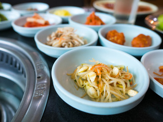 Korean pickled vegetables at Korean barbecue restaurant