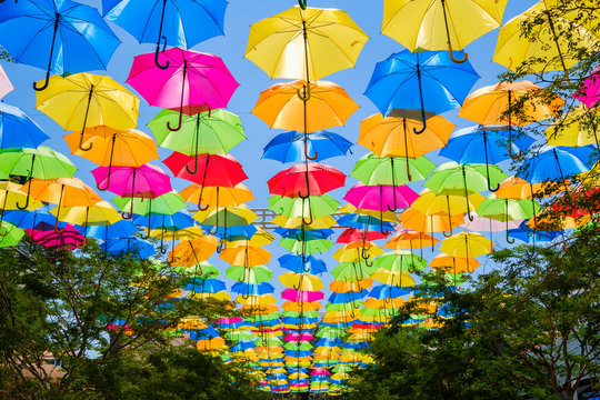 Colorful hanging umbrellas in a outdoor plaza in Miami
