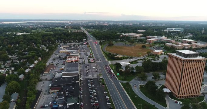 Flying Drone over US 202 (Concord Pike) in Wilmington, Delaware. Fairfax Shopping Center, Wells Fargo Tower (previously called Rollings Building). Flying North while looking South.