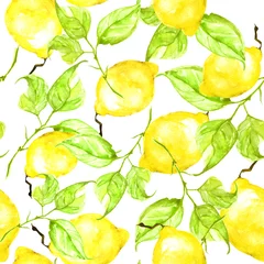 Wallpaper murals Watercolor fruits Vintage seamless watercolor pattern - hand drawing threads of lemon, lime  with leaves. Trendy pattern. Painting  Citrus fruits. The picture is yellow and green. Branch with citrus fruit.