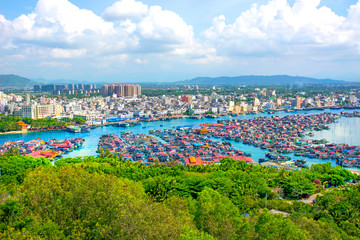 beautiful view of the lagoon with white sand and palm trees, turquoise sea. view from the top.