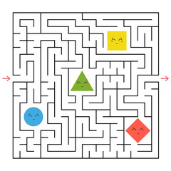 A square labyrinth. Collect all the geometric shapes and find a way out of the maze. An interesting game for children. Simple flat vector illustration.