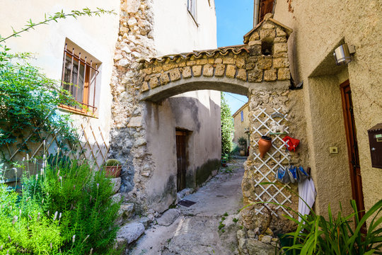On the streets of a medieval village Gorbio. French Riviera. Cote d'Azur.