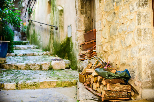 On the streets of a medieval village Gorbio. French Riviera. Cote d'Azur.
