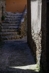 On the streets of a medieval village Gorbio. French Riviera. Cote d'Azur.