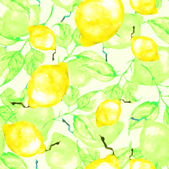 Vintage seamless watercolor pattern - hand drawing threads of lemon, lime  with leaves. Trendy pattern. Painting
Citrus fruits. The picture is yellow and green. Branch with citrus fruit.