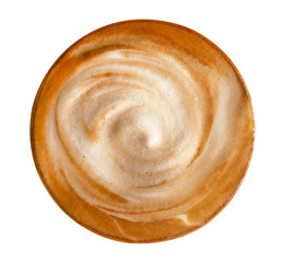 Top view of hot coffee latte cappuccino spiral foam isolated on white background, clipping path included