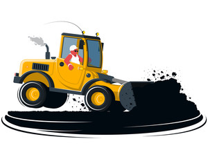 Flat cartoon wheel loader with driver on black ground isolated