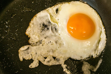 Traditional easy breakfast meal fried eggs served on a frying pan