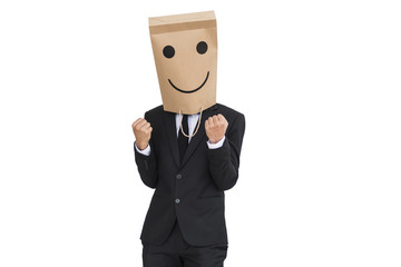 businessman wear paper bag covering head happy emotions 