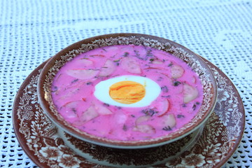 beetroot soup with dill, cucumber, radish and slice of egg