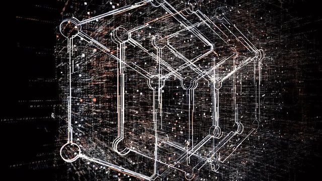 4k Blockchain symbol.3d box cross,chain and box,Cripto currency bitcoin.The Matrix binary computer code,changing from zero to one digits,Global internet worldwide.abstract future tech background.