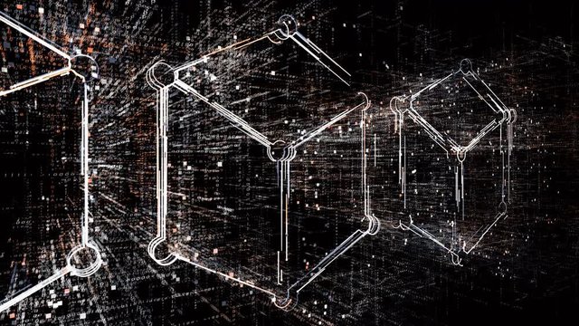 4k Blockchain symbol.3d box,chain and box,Cripto currency bitcoin.The Matrix style binary computer code,changing from zero to one digits,Global internet worldwide.abstract future tech background.