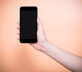 Fototapeta na wymiar Female holding mobile smartphone plus blank screen